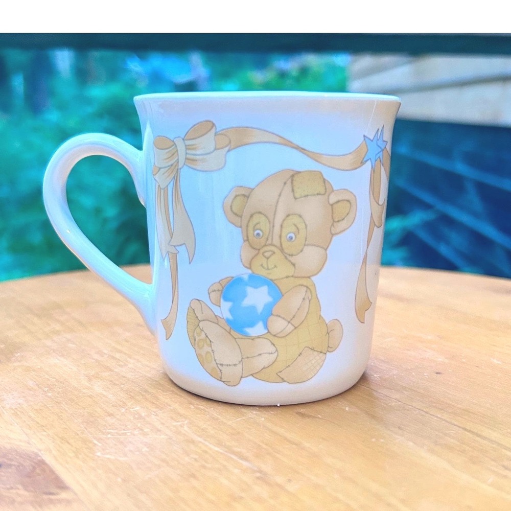 Vintage Teddy Bear Mug Small White Pastel Ceramic 1995 Coffee Cup Retro Kitsch